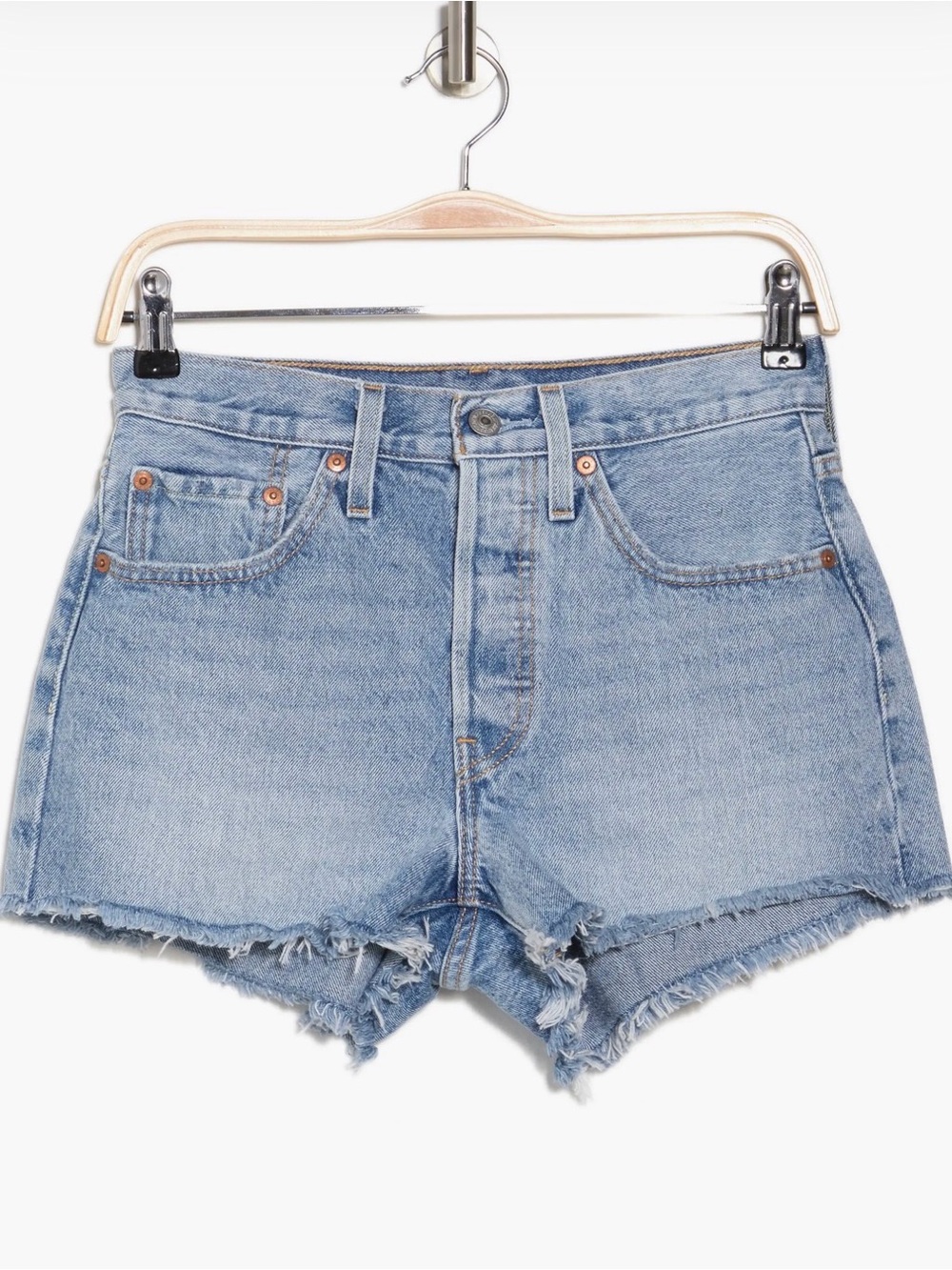 Levi’s 501 Original High Rise Cut Off Shorts Light Wash Raw Hem Denim